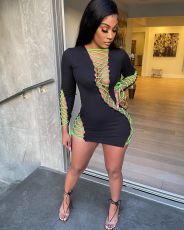 Sexy Lace Up Hollow Out Long Sleeve Mini Club Dress SXF-2102105