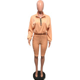 Solid Long Sleeve Top Ruched Shorts 2 Piece Sets OMY-8110