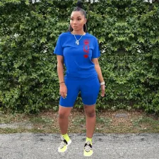 Fashion Casual Letter Print Short Sleeve And Shorts 2 Piece Sets WAF-7147