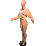 Solid Long Sleeve Top Ruched Shorts 2 Piece Sets OMY-8110