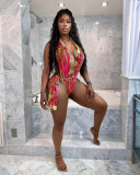 Sexy Floral Print Deep V One-Piece Swimsuit MDF-5214