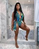 Sexy Floral Print Deep V One-Piece Swimsuit MDF-5214