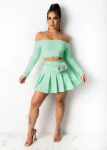 Solid Slash Neck Long Sleeve Top Pleated Mini Skirt 2 Piece Sets BS-1250