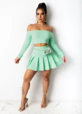 Solid Slash Neck Long Sleeve Top Pleated Mini Skirt 2 Piece Sets BS-1250