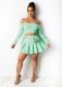 Solid Slash Neck Long Sleeve Top Pleated Mini Skirt 2 Piece Sets BS-1250