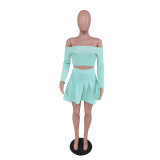 Solid Slash Neck Long Sleeve Top Pleated Mini Skirt 2 Piece Sets BS-1250