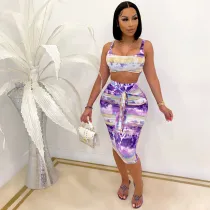 Tie Dye Print Tank Top Midi Skirt Two Piece Sets BS-1251