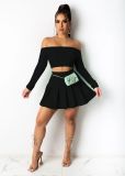 Solid Slash Neck Long Sleeve Top Pleated Mini Skirt 2 Piece Sets BS-1250