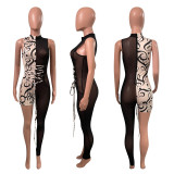 Sexy Mesh Patchwork Asymmetry Sleeveless Jumpsuits NIK-218