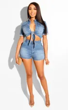 Denim Tie Up Tops Jeans Shorts Two Piece Suits BS-1252