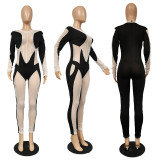 Plus Size Mesh Patchwork Long Sleeve Jumpsuit YIM-169