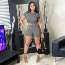 Solid Ribbed Short Sleeve Two Piece Shorts Set TE-4208
