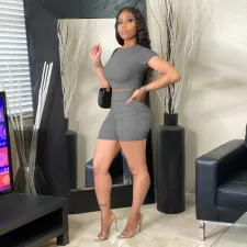 Solid Ribbed Short Sleeve Two Piece Shorts Set TE-4208