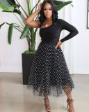 Polka Dot Print Mesh Long Skirt OMY-0007