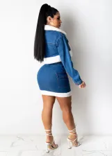 Denim Patchwork Jacket And Mini Skirt 2 Piece Sets MEM-8330