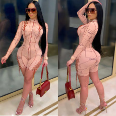 Sexy Letter Print Lace Up Long Sleeve Romper ML-7421