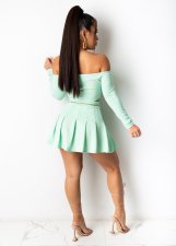 Solid Long Sleeve Slash Neck Pleated Mini Skirt 2 Piece Sets ML-7426