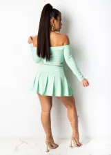 Solid Long Sleeve Slash Neck Pleated Mini Skirt 2 Piece Sets ML-7426