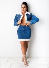 Denim Patchwork Jacket And Mini Skirt 2 Piece Sets MEM-8330