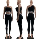 Letter Print One Shoulder Tight Two Piece Sets MOF-6608