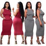 Solid Sleeveless Pocket Bodycon Midi Dress BLX-8001