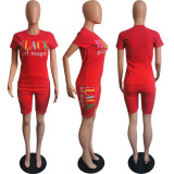 Plus Size Letter Print T Shirt Shorts Two Piece Sets HMS-5249