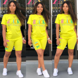 Plus Size Letter Print T Shirt Shorts Two Piece Sets HMS-5249