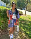 Plus Size Printed Short Sleeve Casual Shirt Dress FNN-8587