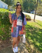 Plus Size Printed Short Sleeve Casual Shirt Dress FNN-8587