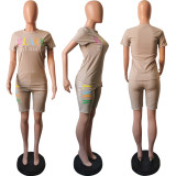Plus Size Letter Print T Shirt Shorts Two Piece Sets HMS-5249
