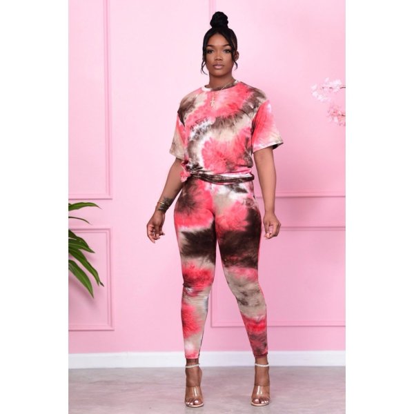 Tie Dye Print T Shirt Pencil Pants Two Piece Suits HMS-5433
