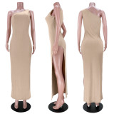 Sexy One Shoulder Sleeveless High Split Maxi Dress ASL-6365