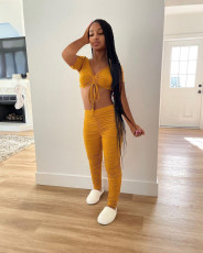 Sexy Solid Ruched Crop Top Pants 2 Piece Suits FNN-8585