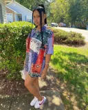 Plus Size Printed Short Sleeve Casual Shirt Dress FNN-8587