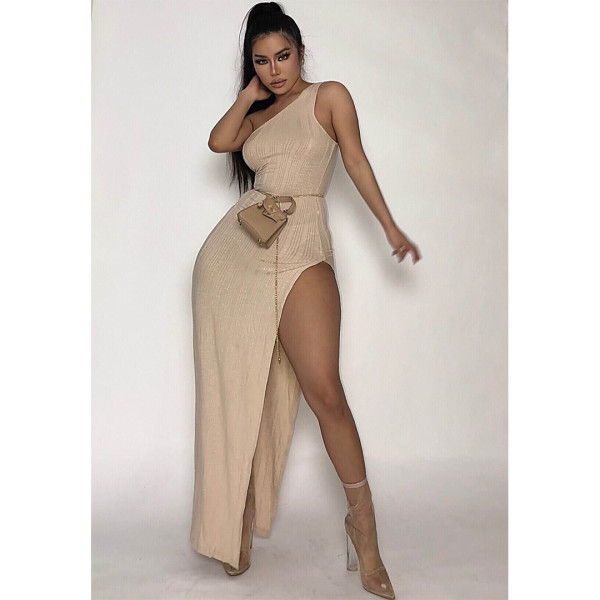 Sexy One Shoulder Sleeveless High Split Maxi Dress ASL-6365