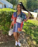 Plus Size Printed Short Sleeve Casual Shirt Dress FNN-8587