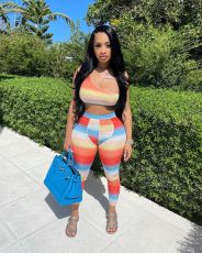 Rainbow Color One Shoulder Two Piece Pant Sets DMF-8165