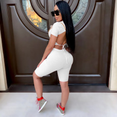 Solid Sexy Backless Short Sleeve Two Piece Sets IV-8172