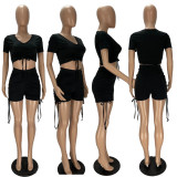 Fashion Sexy Solid Color Short Sleeve Shorts  Two Piece Sets XYF-9085
