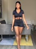 Fashion Sexy Solid Color Short Sleeve Shorts  Two Piece Sets XYF-9085