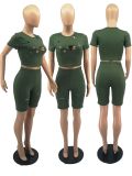 Casual Summer Fashion Solid Color Hole Short Sleeve And Shorts Two Piece Sets FOSF-8054
