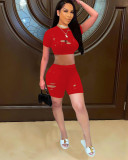 Casual Summer Fashion Solid Color Hole Short Sleeve And Shorts Two Piece Sets FOSF-8054