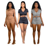 Fashion Sexy Solid Color Short Sleeve Shorts  Two Piece Sets XYF-9085