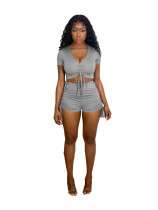 Fashion Sexy Solid Color Short Sleeve Shorts  Two Piece Sets XYF-9085