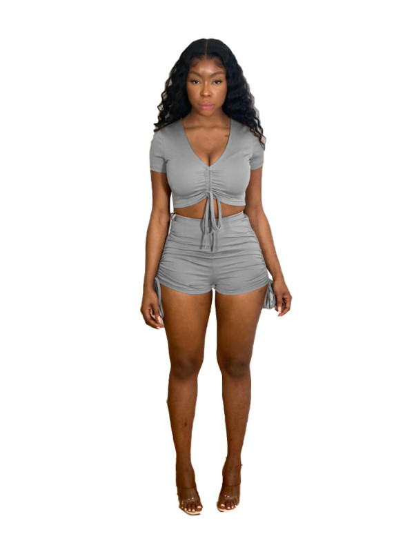 Fashion Sexy Solid Color Short Sleeve Shorts  Two Piece Sets XYF-9085