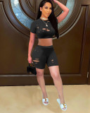 Casual Summer Fashion Solid Color Hole Short Sleeve And Shorts Two Piece Sets FOSF-8054