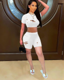 Casual Summer Fashion Solid Color Hole Short Sleeve And Shorts Two Piece Sets FOSF-8054