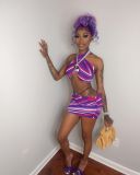 Colorful Striped Halter Crop Top Mini Skirt 2 Piece Sets WSM-5226