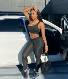 Fashion Sports Fitness Solid Color Tight One-shoulder Camisole Top And Pants 2 Piece Sets BLX-8002