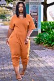 Plus Size Solid V Neck Short Sleeve  Loose Jumpsuits BDF-8059